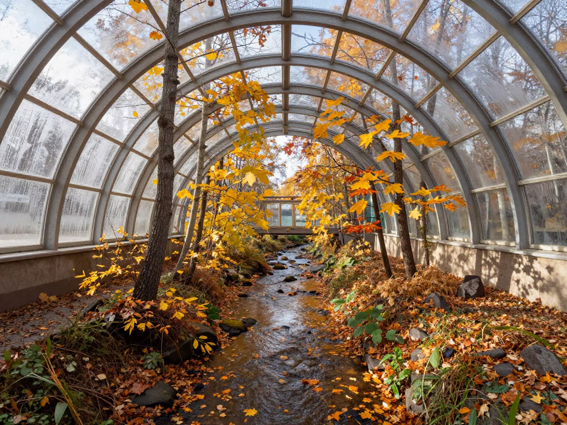 Autumn Leaves Swirling in Forest Stream Atrium in inside a vaulted atrium in Novosibirsk
