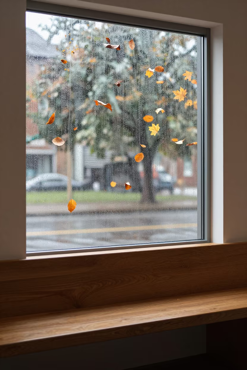 Autumn Leaves Viewed from Tabora Window Bench in beside a rain-streaked window near Tabora