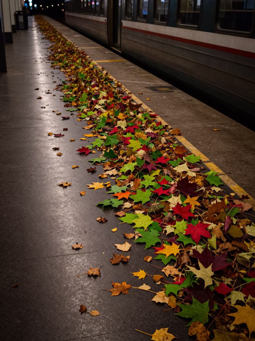 Autumn Leaves Transitioning Crimson Green Terminal in inside a restored train terminal near Bloléquin