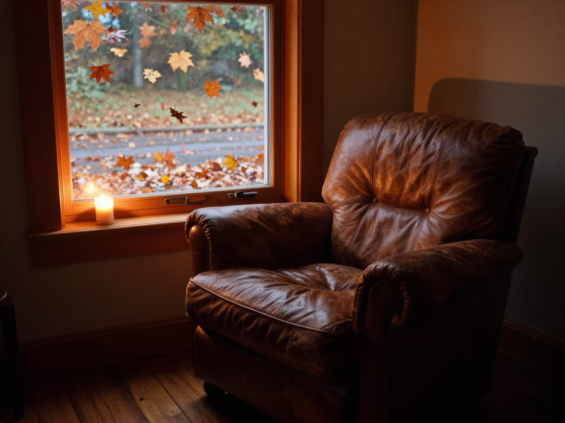 Autumn Leaves View from Worn Leather Bench in on a worn leather armchair near Victoria Seychelles