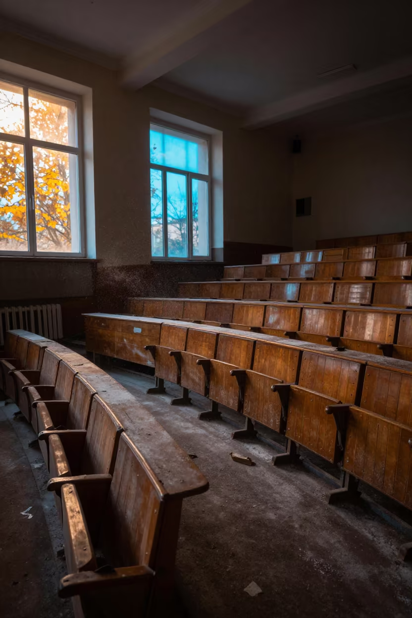 Autumn Lecture Hall with Neon and Dust in inside a quiet classroom near Tbilisi
