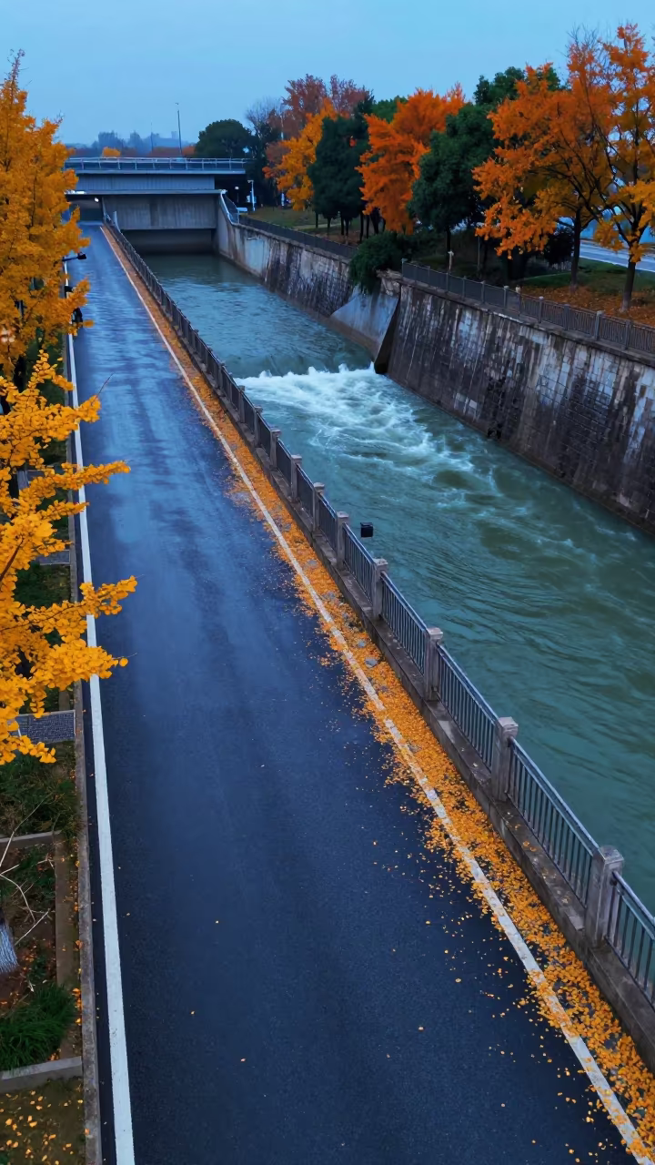 Autumn Levee Road After Storm in Suzhou in along a dam spillway near Suzhou