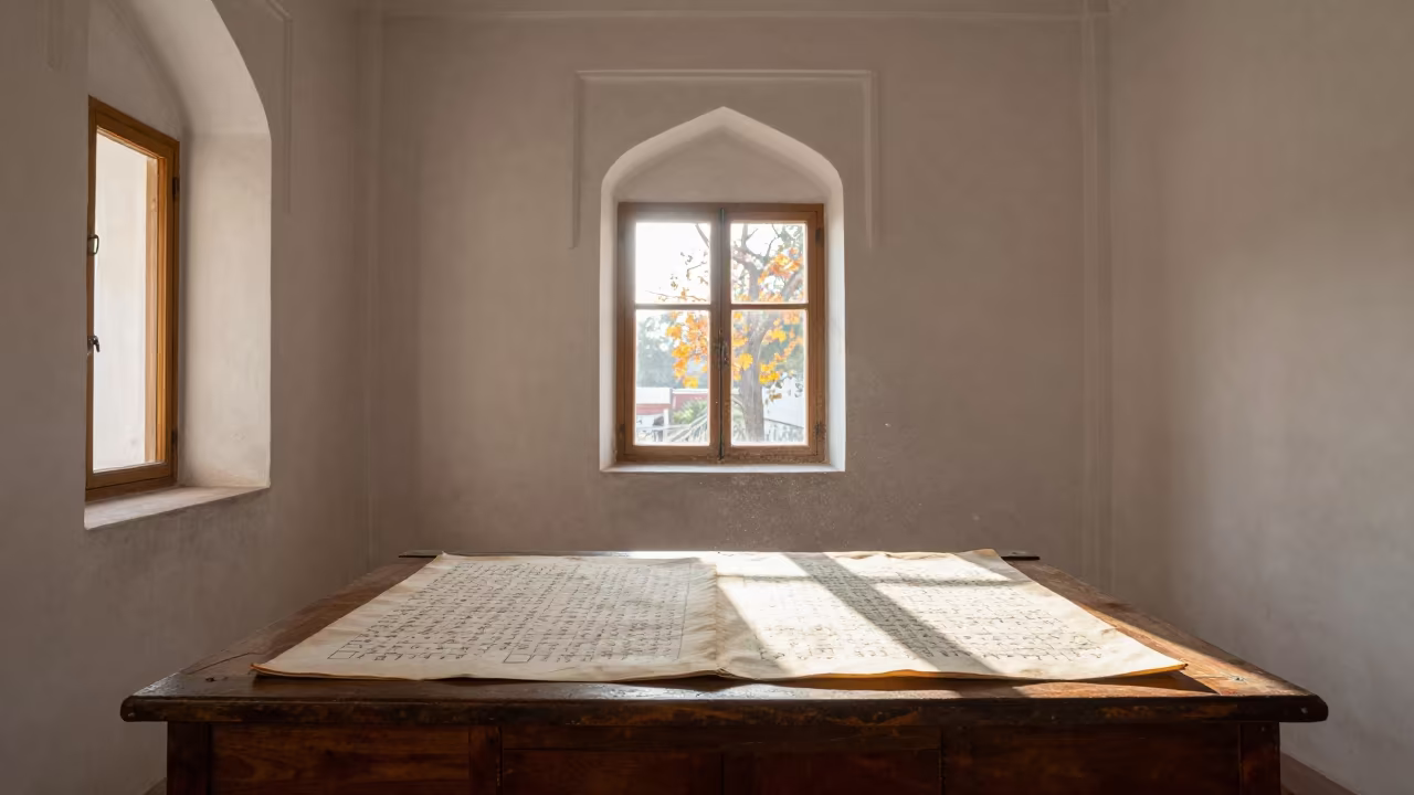 Autumn Light in Bahawalnagar Monastery Scriptorium in inside a quiet cloister passage in Bahawalnagar