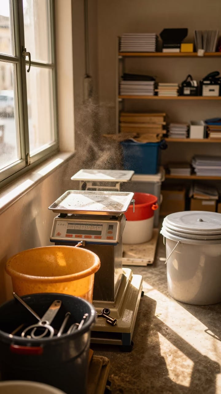 Autumn Light on Butcher Scale Tray in Montpellier in inside a fitting room corridor in Montpellier