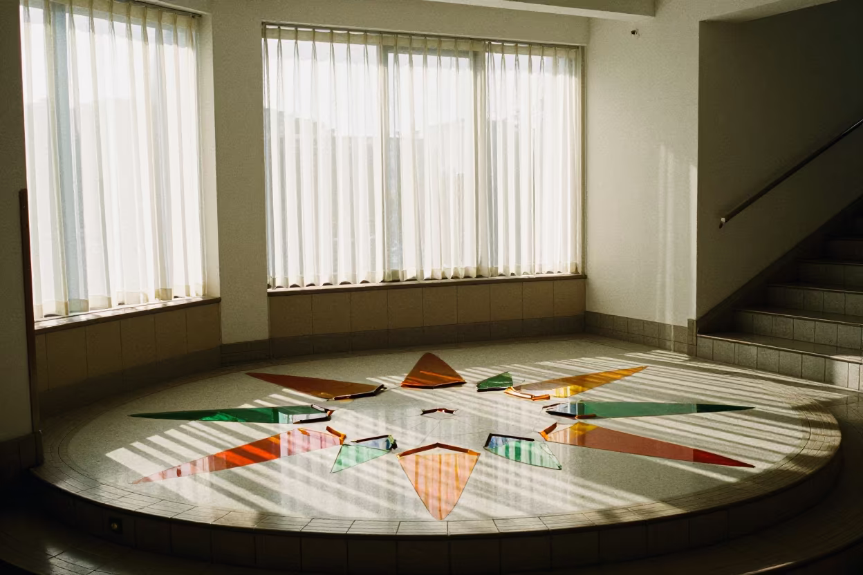 Autumn Light Through Colored Glass Shards in inside a tiled stair hall in Osaka