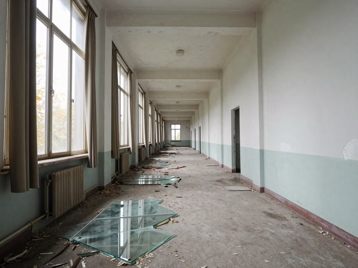 Autumn Light in Derelict Power Station Corridor in along a ward corridor with broken glass and falling plaster near Rudny
