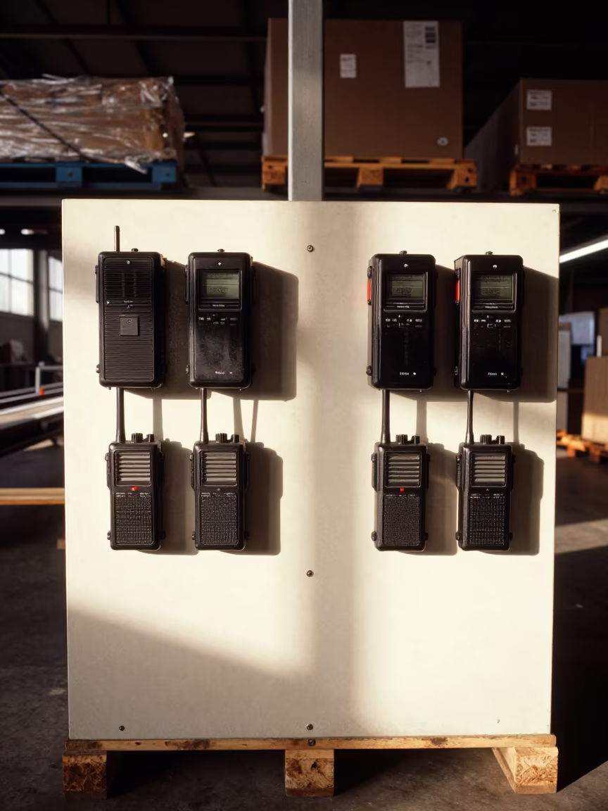 Autumn Light on Dispatch Radio Charging Shelf in at a fulfillment packing station in Timisoara