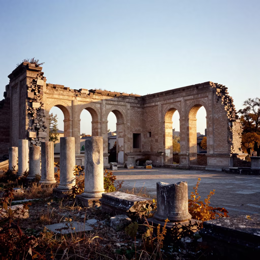 Autumn Light on Ottoman Caravanserai Ruins Near Makhachkala in among toppled columns and nettles near Makhachkala