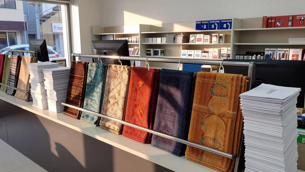 Autumn Light on Retail Rug Sample Rail in at a cash wrap counter with bags stacked nearby in Shah Faisal Town