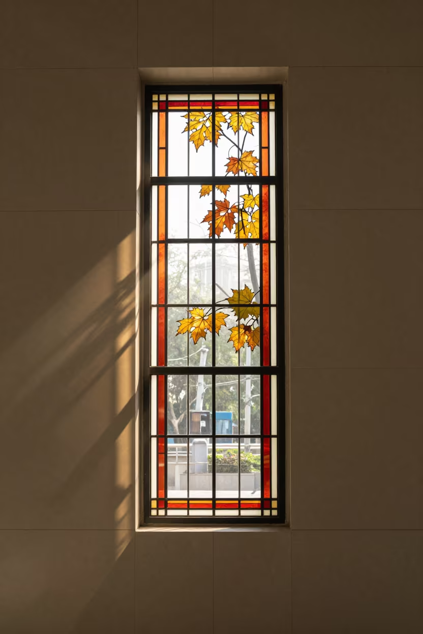 Autumn Light Through Stained Glass Terminal in inside a restored train terminal in Lanzhou
