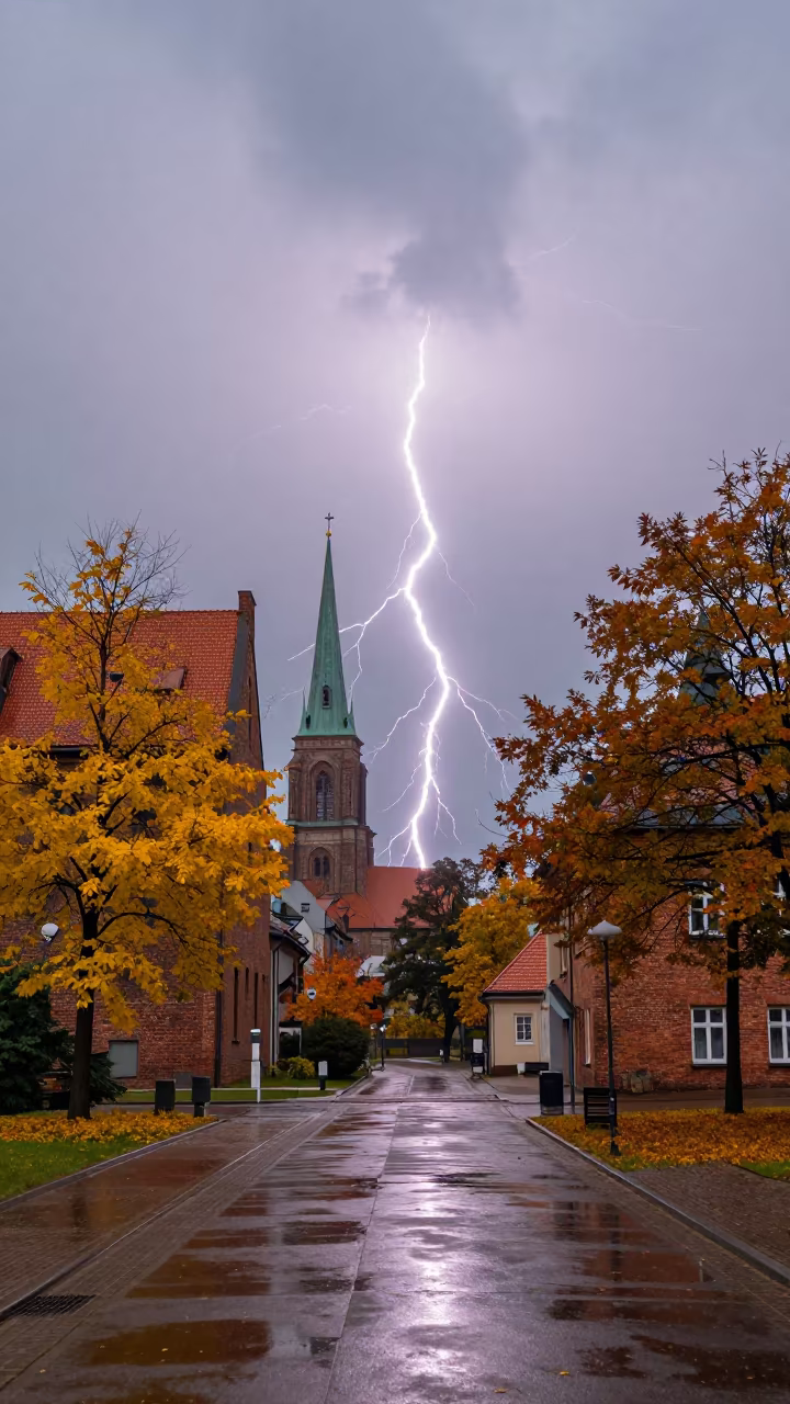 Autumn Lightning Strike Over Poznan City in near Poznan