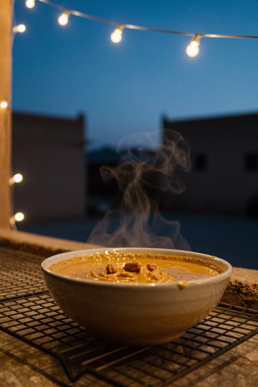Autumn Maafe Bowl on Cooling Rack in Twilight in on a bakery cooling rack in Biskra