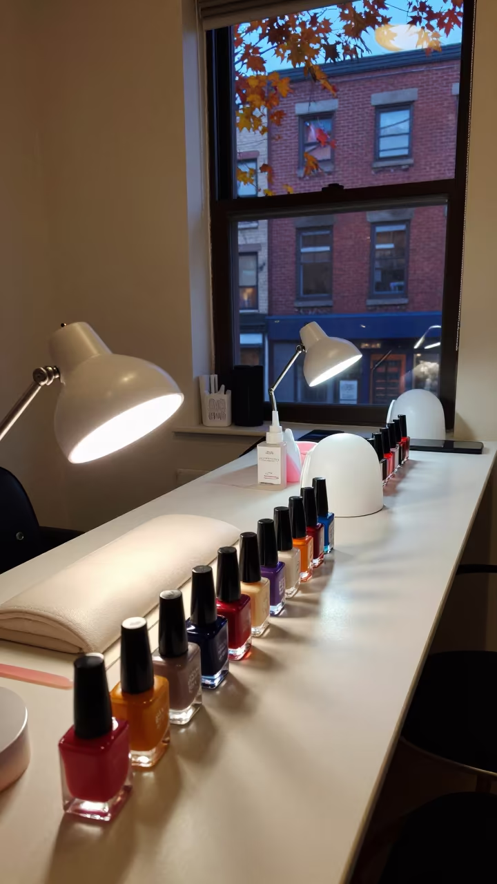 Autumn Manicure Table with Neon Polish Bottles in at a salon reception counter near Chinatown, Toronto