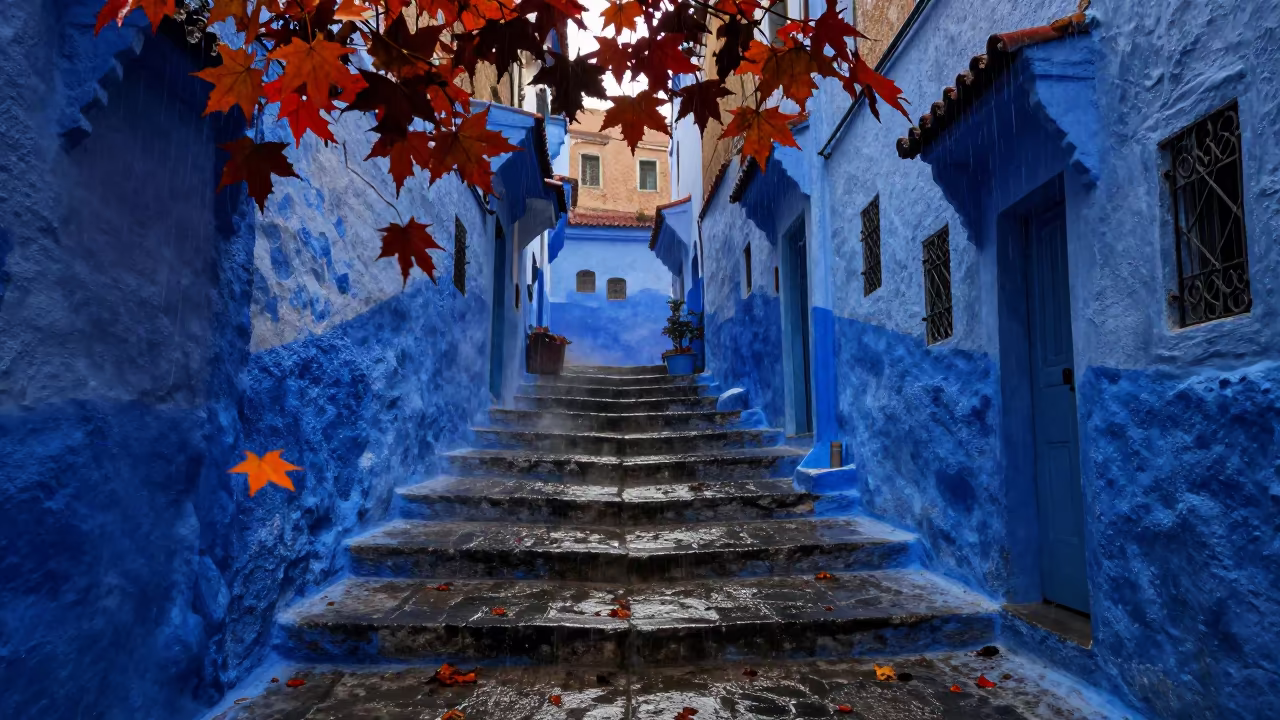 Autumn Maple Leaves Fall in Chefchaouen Rain in near Chefchaouen