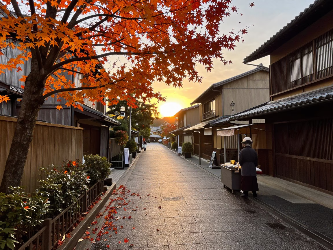 Autumn Maple Leaves Falling in Kyoto Japan at Sunset Street Scene in in Kyoto, Japan