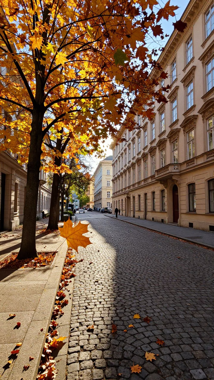 Autumn maple leaves falling in Vienna Austria early afternoon street scene in in Vienna, Austria