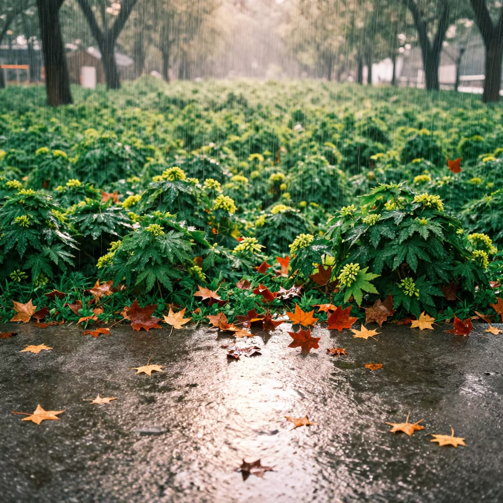 Autumn Maple Leaves Falling Over Monsoon Meadow in in a bloom-heavy meadow in Gujarat