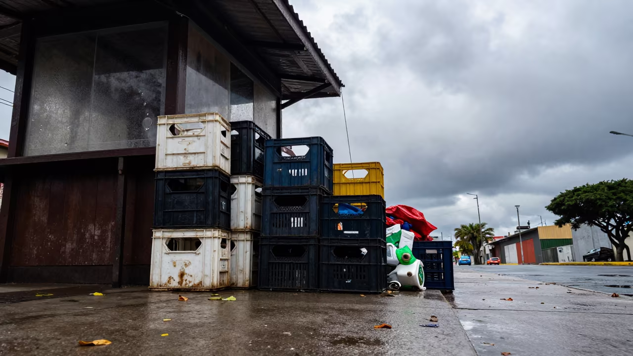 Autumn Market Leftovers Under Overcast Sky in by a rain-darkened kiosk in Mar del Plata