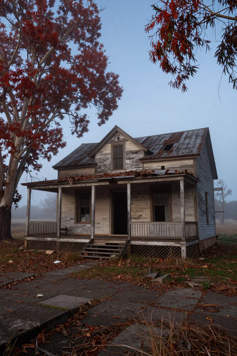 Autumn Mist Reclaims Dilapidated Australian Farmhouse in through an abandoned ceremonial court in Australia