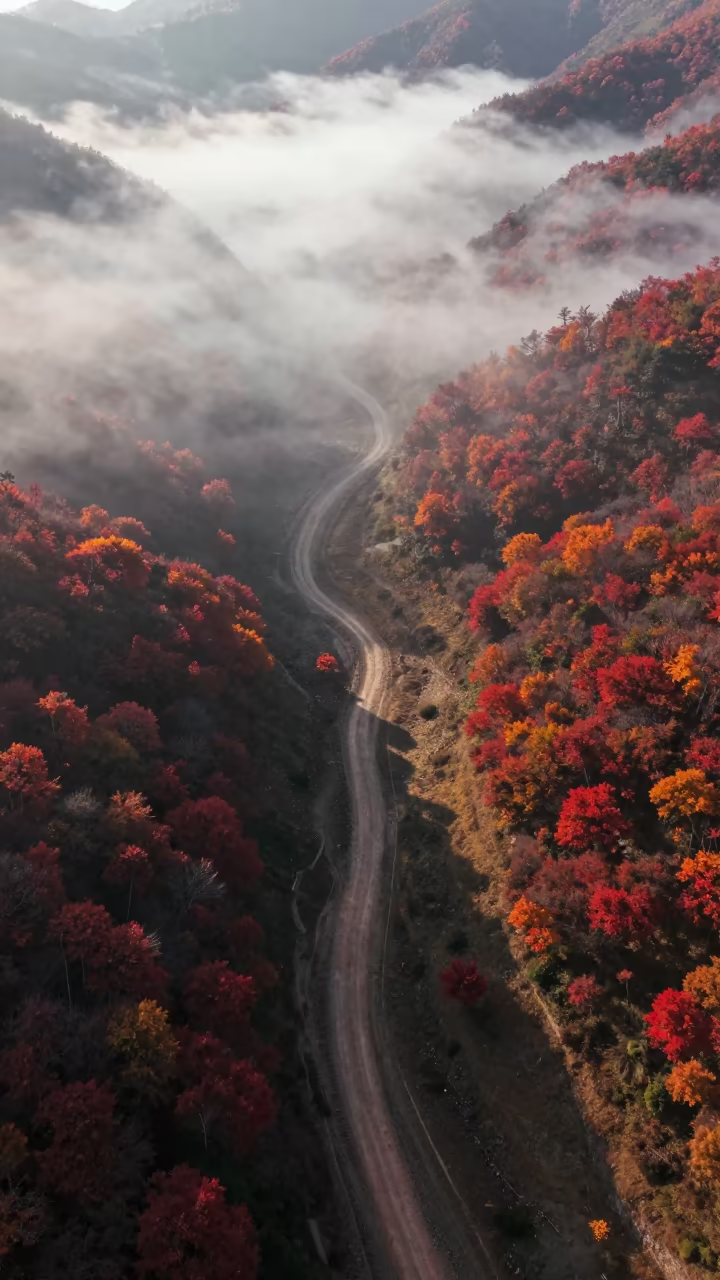 Autumn Mist Over Tibetan Mountain Trail in in Tibet