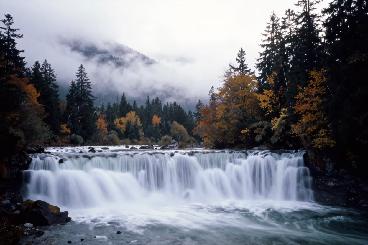 Autumn Mist Waterfall Valley Vancouver in across a wide valley floor near Vancouver