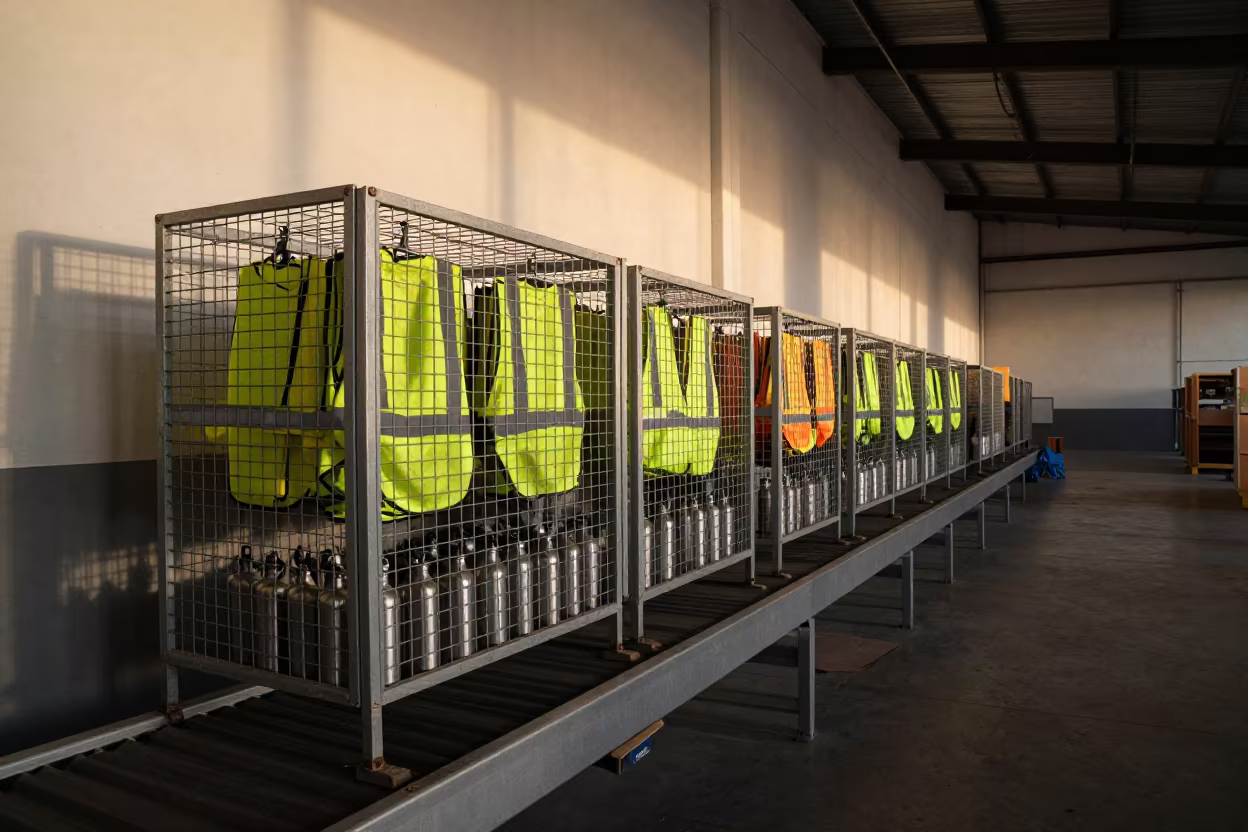 Autumn Morning Logistics Break Cage and Gear in at a parcel sorting belt near Ciudad de la Costa