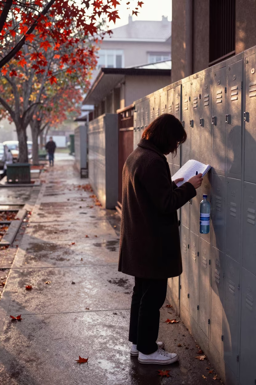 Autumn Morning Study by Lockers in Xian in along a schoolyard walkway near Xian