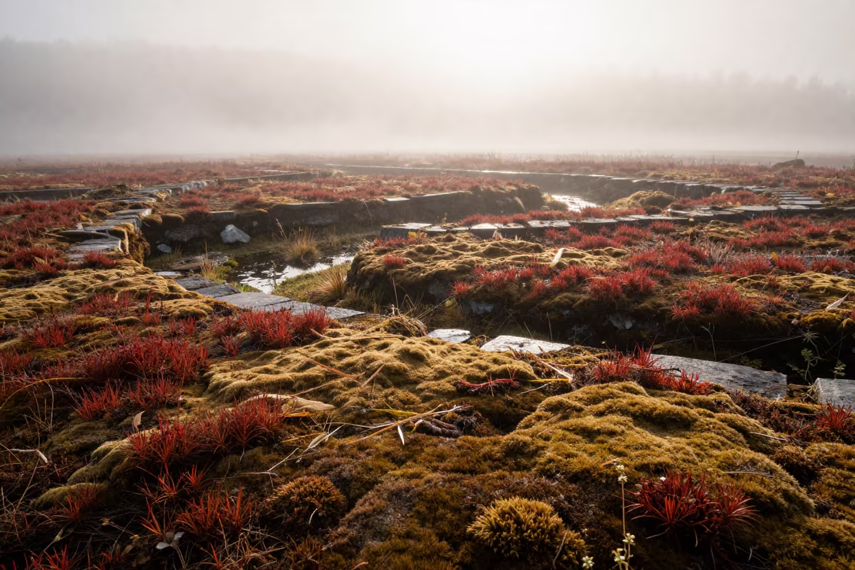 Autumn Moss Bog in Austrian Garden Mist in among terraced garden plots in Austria