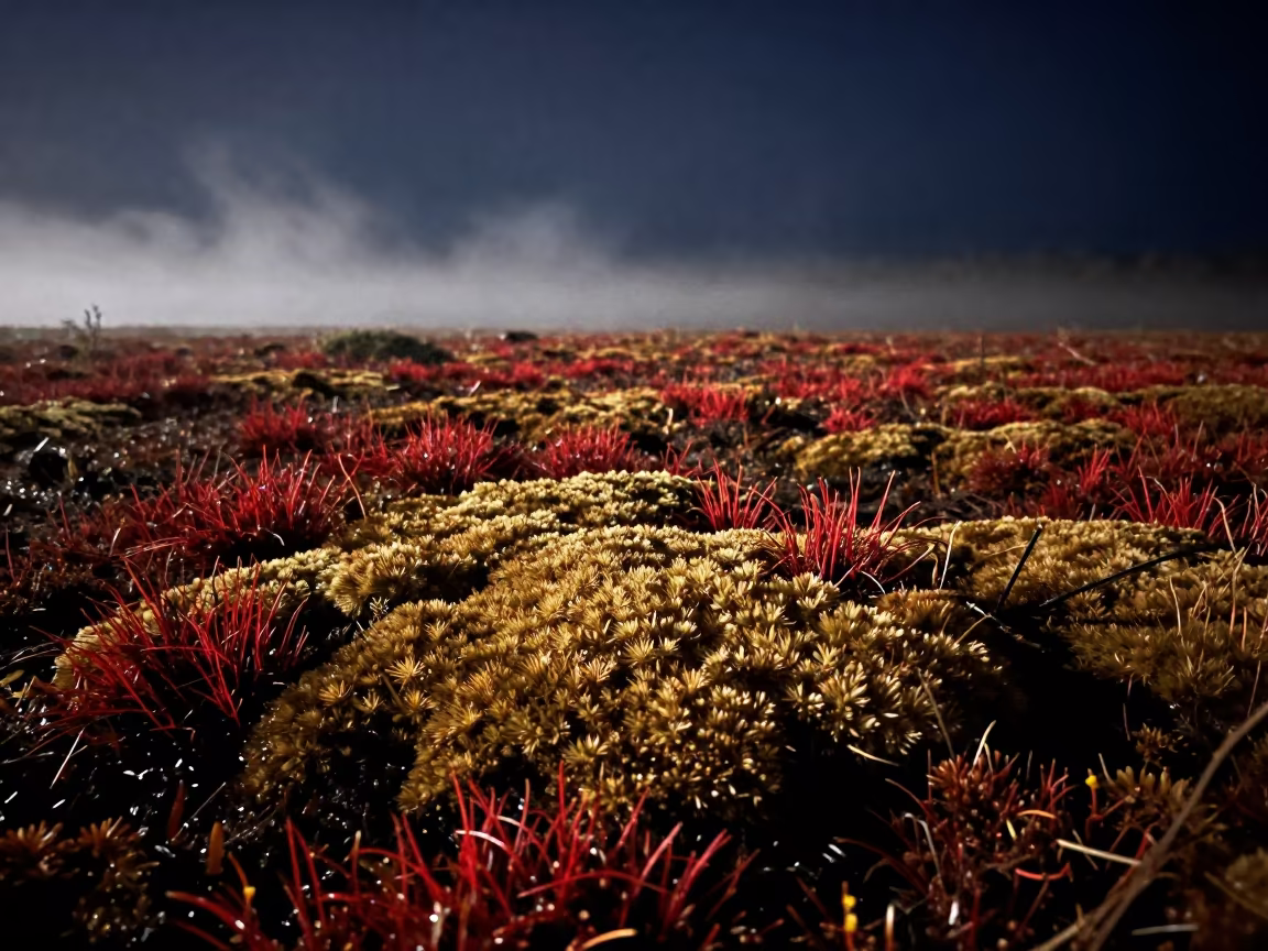 Autumn Moss Bog Night Fog Mizoram Cliff in along a salt-sprayed cliff edge in Mizoram