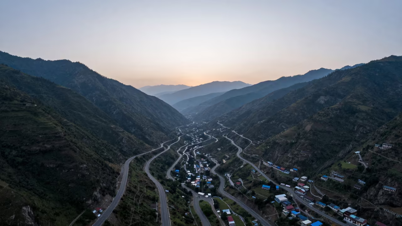 Autumn Mountain Road Dawn Himachal in high above patterned rooftops in Himachal Pradesh