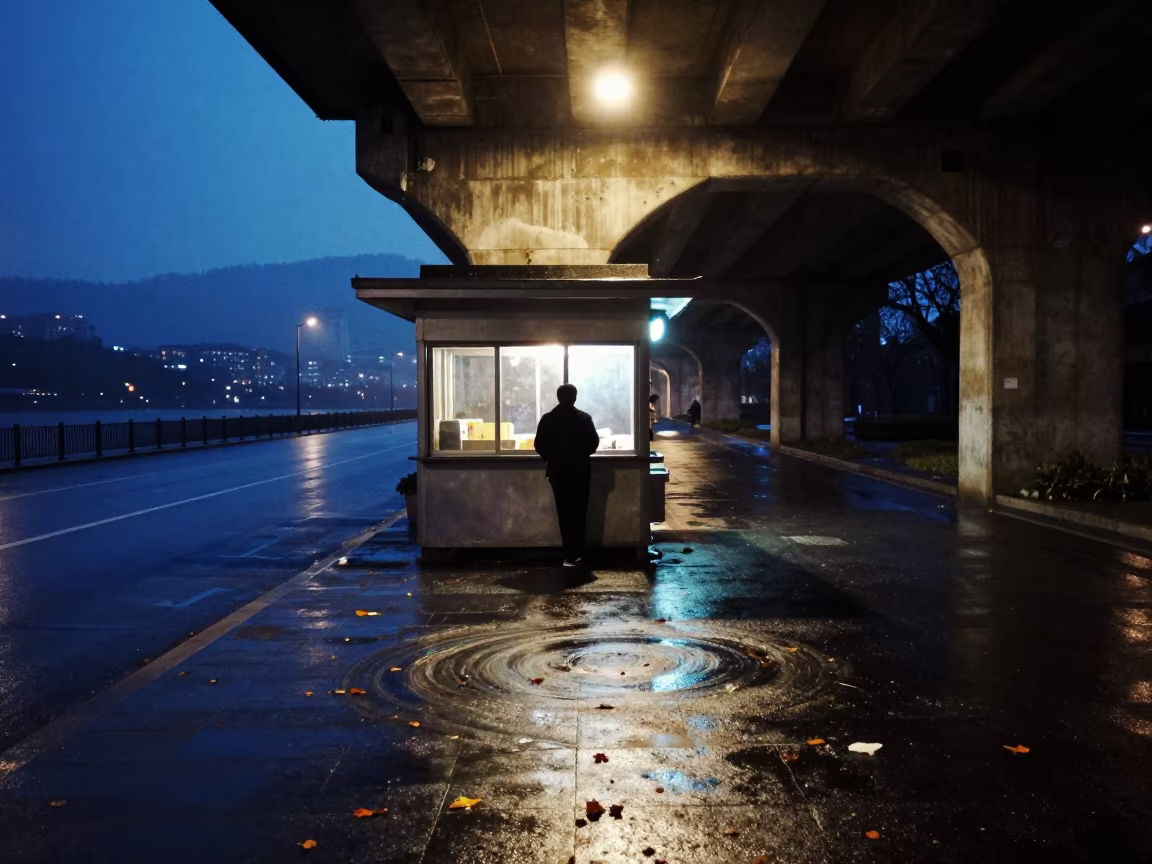 Autumn Night Kiosk Underpass Hangzhou Rain Reflections in beneath a flickering underpass light in Hangzhou