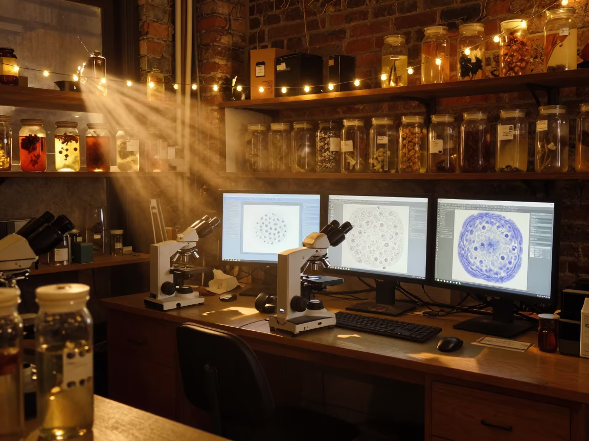 Autumn Night Lab Screens Show Cell Structures in in a specimen archive room in Old Montreal, Montreal