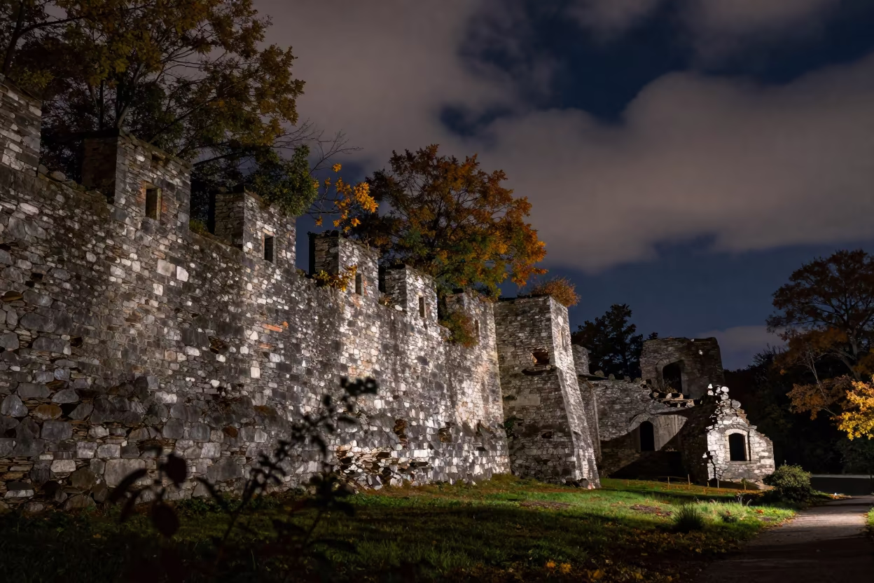 Autumn Night Ruins Trees on Fortress Wall in among collapsed cloisters in North Carolina