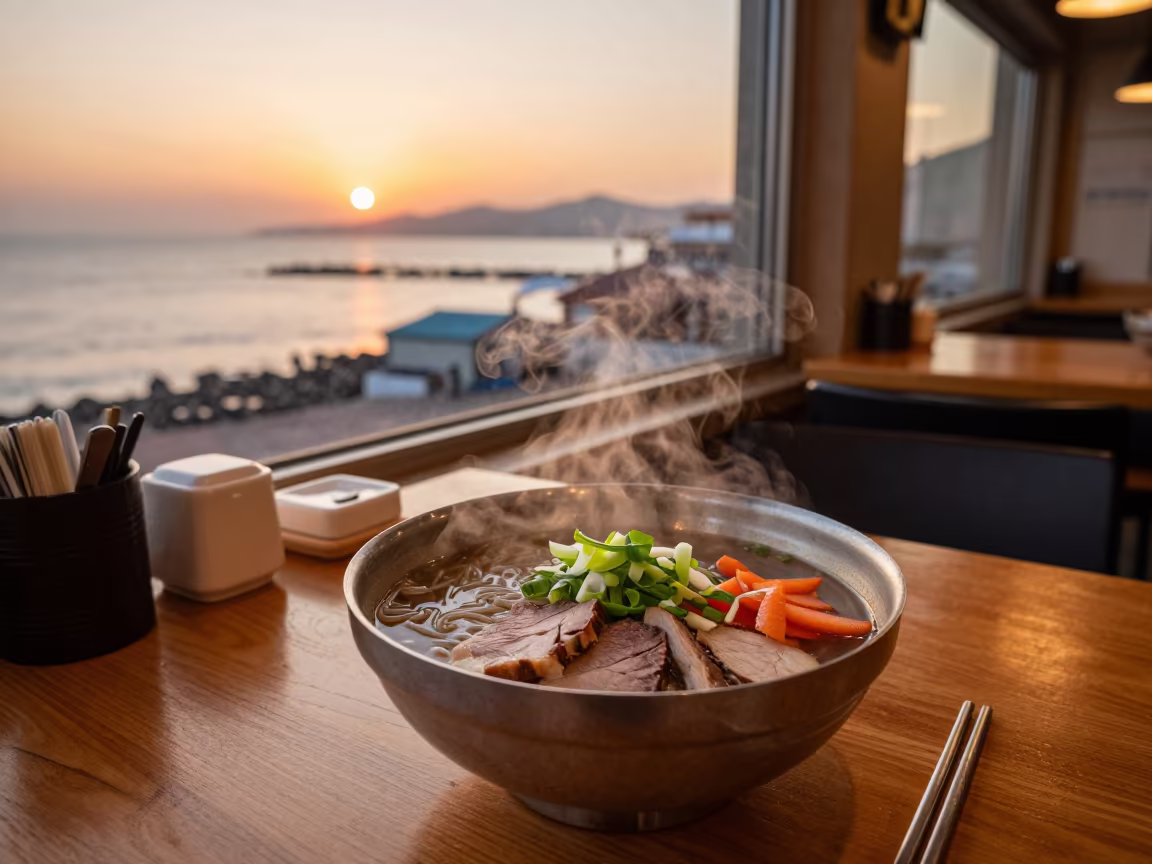 Autumn Noodle Bowl in Busan Harbor Cafe in on a restaurant table in Busan