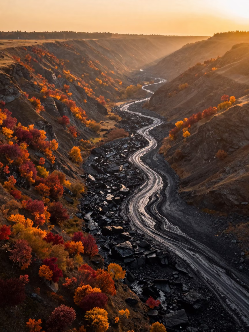 Autumn Obsidian Flow Kashmir Valley Sunset in across a wide valley floor in Kashmir