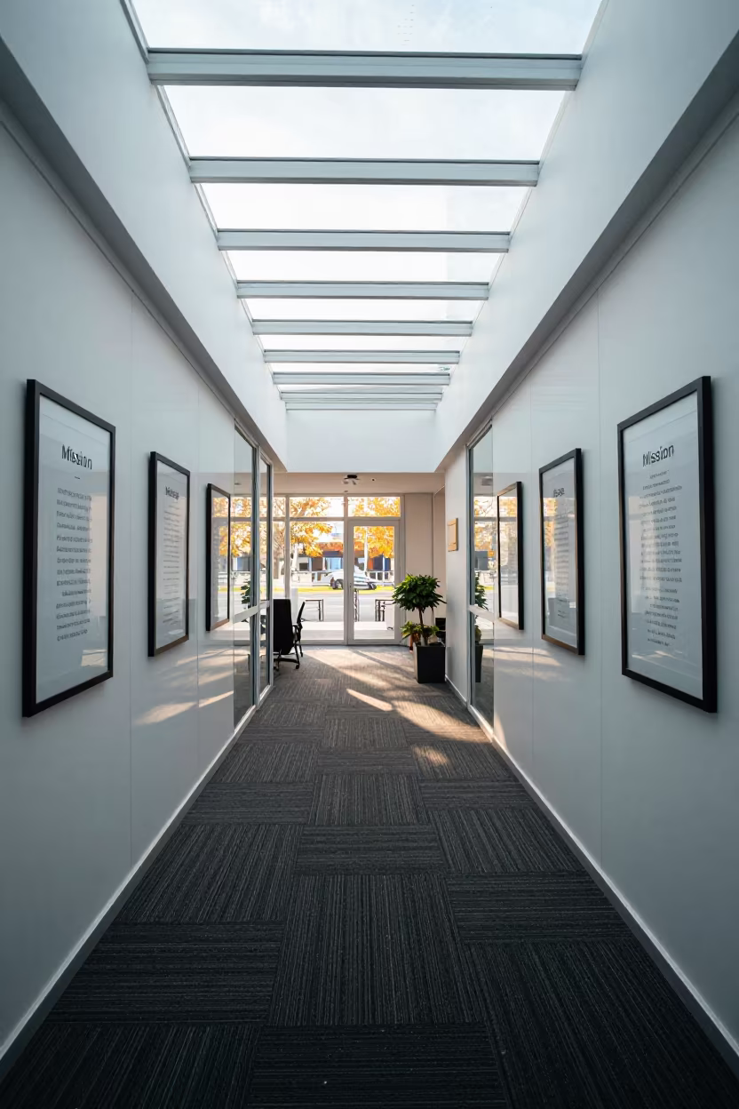 Autumn Office Hallway with Framed Mission Statements in inside an open-plan office bay in Konya