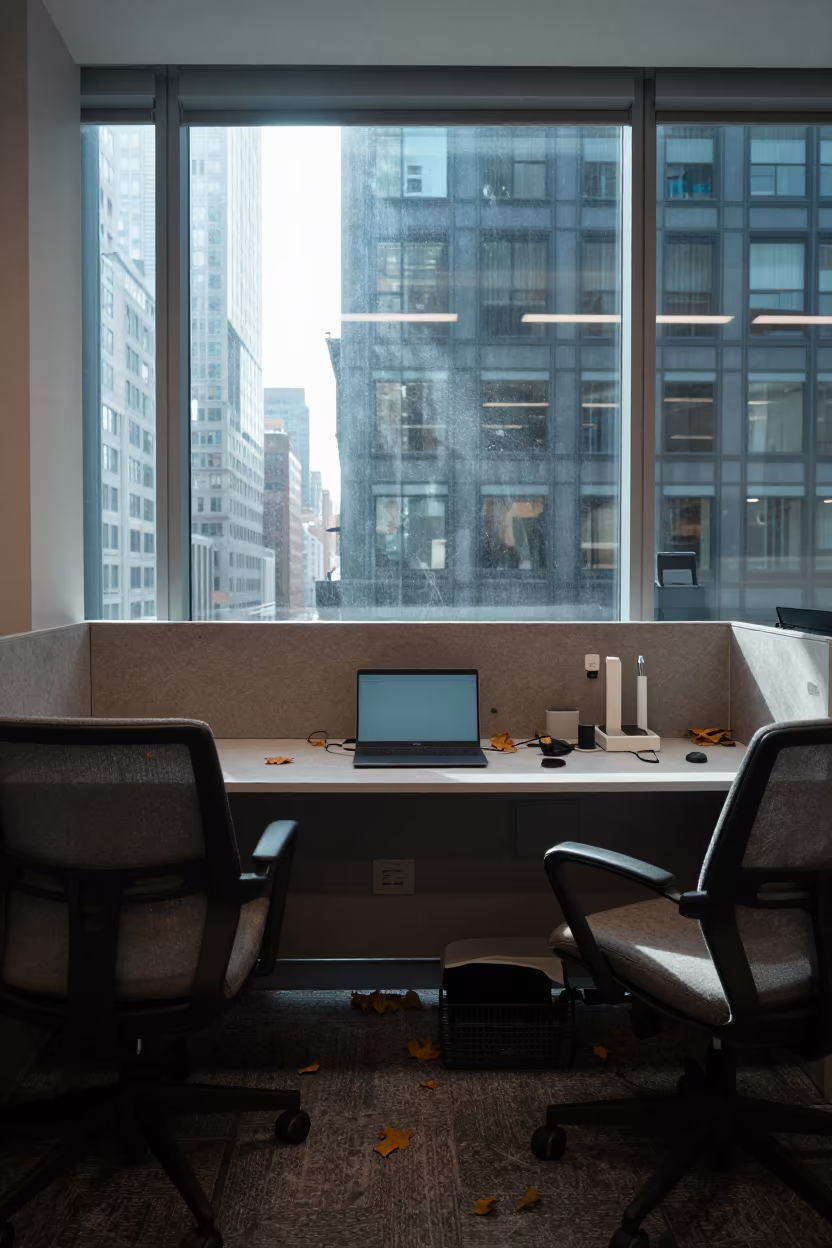 Autumn Office Reception Desk with Dust and Light in at an office reception desk in New York