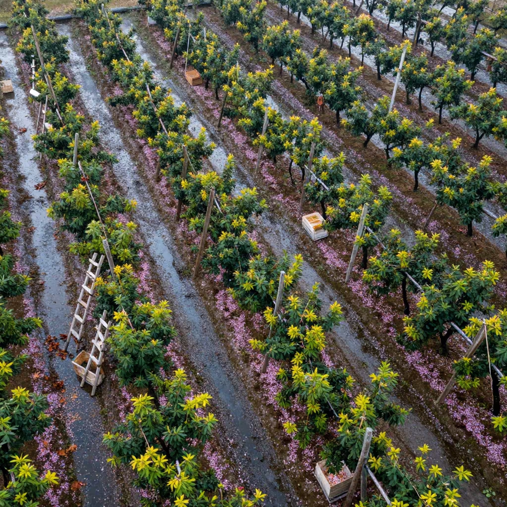 Autumn Orchard Wall Wet Petals Dawn Light in among orchard ladders and crates in Suzhou