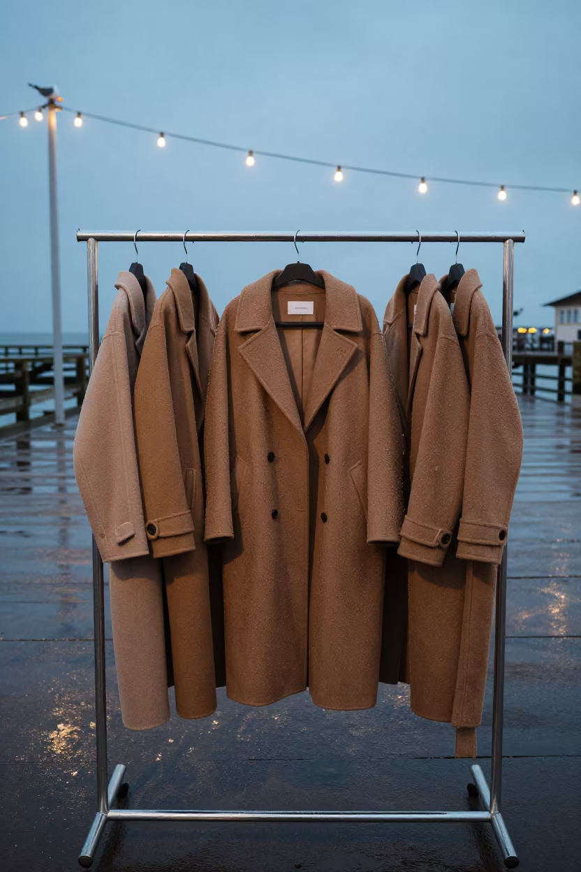 Autumn Outerwear Lookbook on Windy Pier in inside a minimalist showroom near Byron Bay