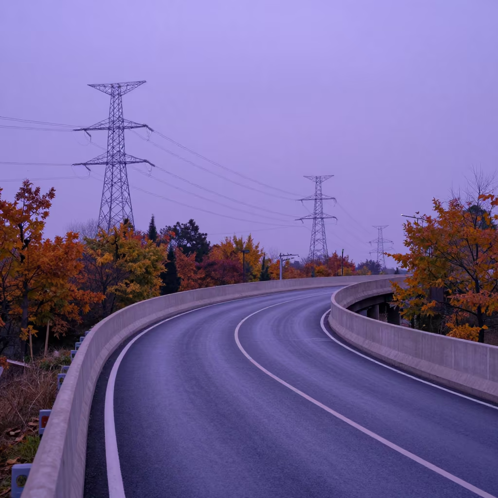 Autumn Overpass Ramp Against Violet Sky in beneath transmission towers in Jiangxi