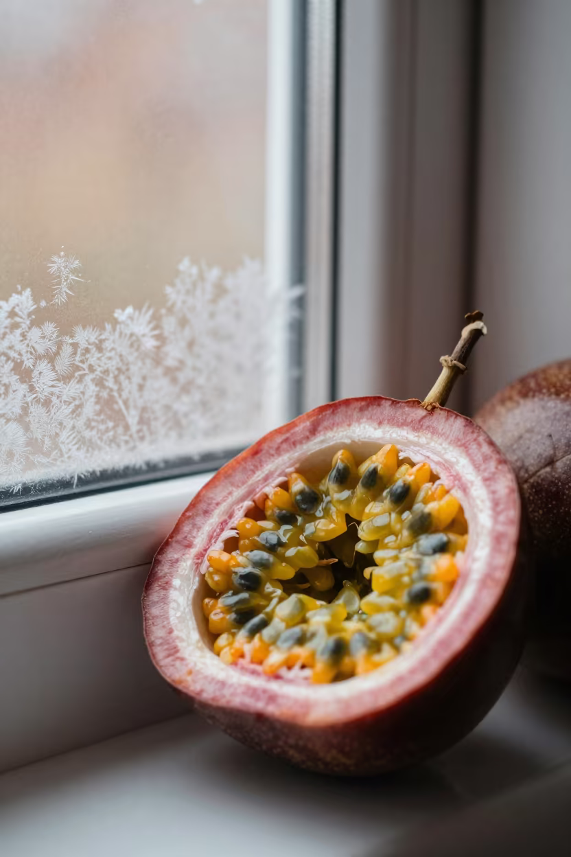 Autumn Passion Fruit Slice Near Frost Window in along a frost-edged windowpane near Tébessa