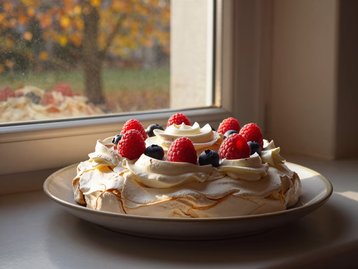 Autumn Pavlova with Berries and Cream in on a ceramic plate by a window in Brisbane