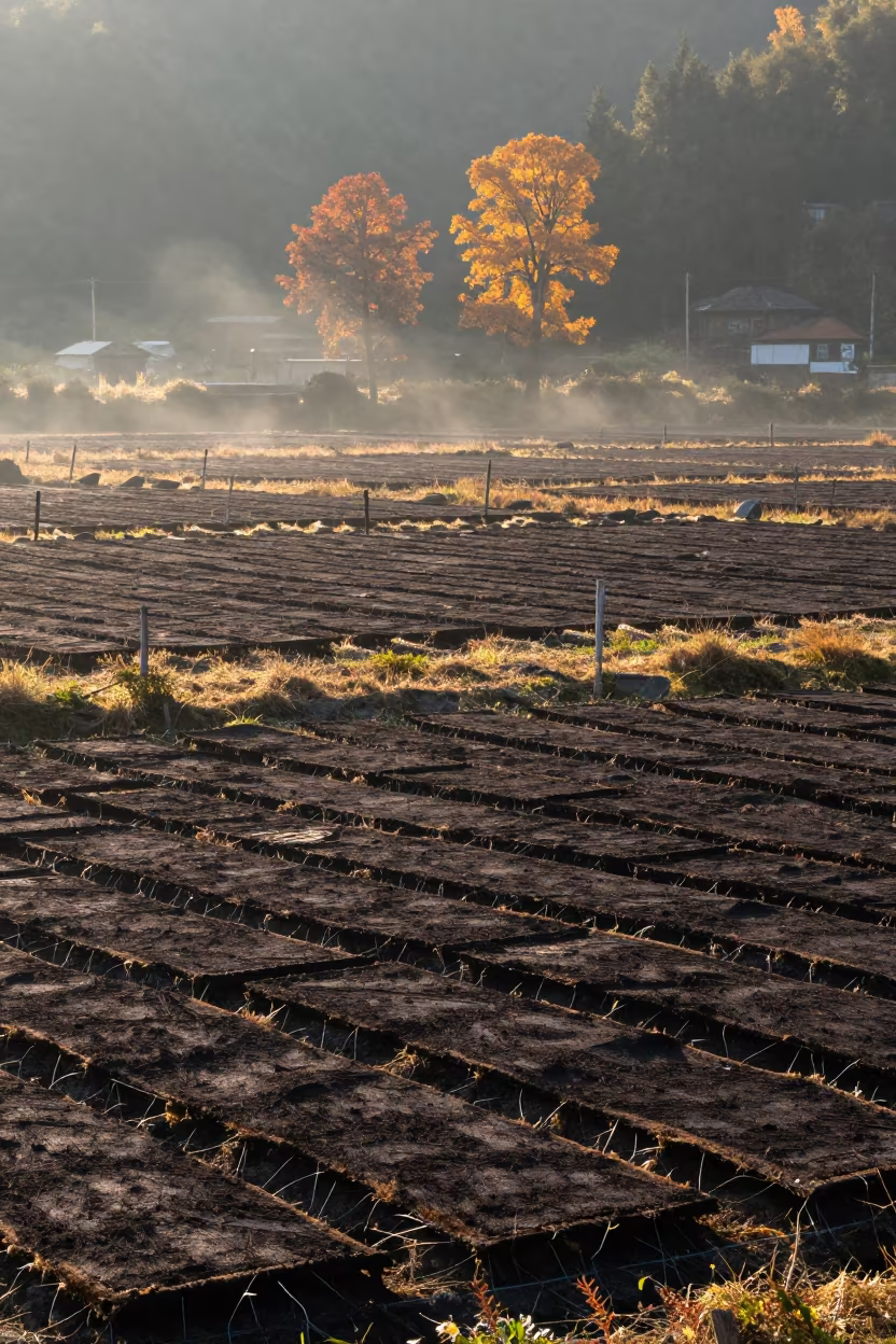 Autumn Peat Slabs Drying on Fence in Guizhou Bog in in Guizhou