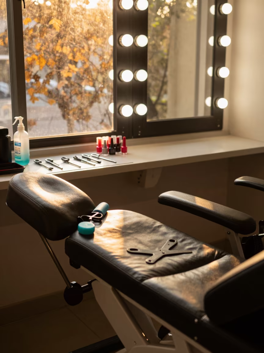 Autumn Pedicure Station with Polish and Tools in at a barber station beneath mirror bulbs in Deoghar
