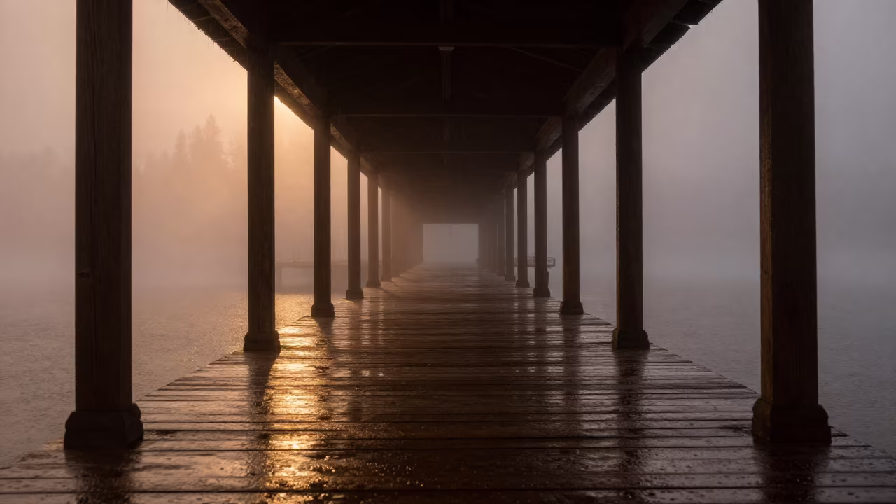 Autumn Pier Reflections in Alberta Mist in along a colonnaded facade in Alberta