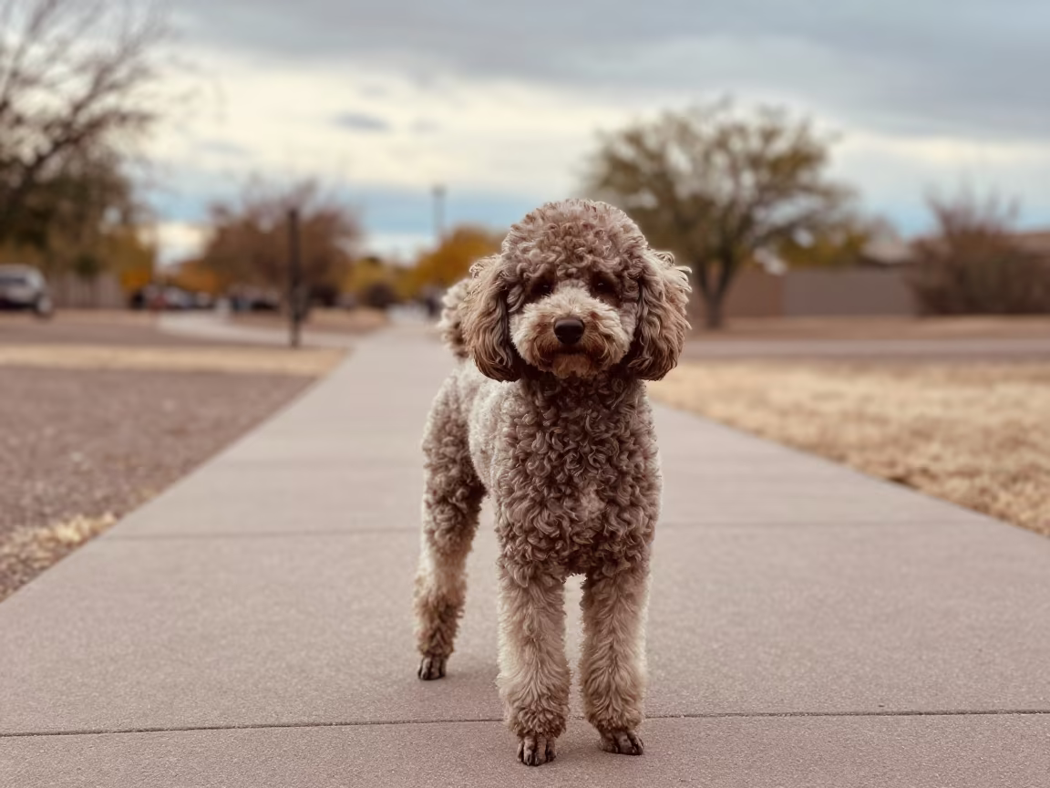 Autumn Poodle Portrait on Phoenix Path in along a quiet park path with soft open shade and a clean background near Phoenix