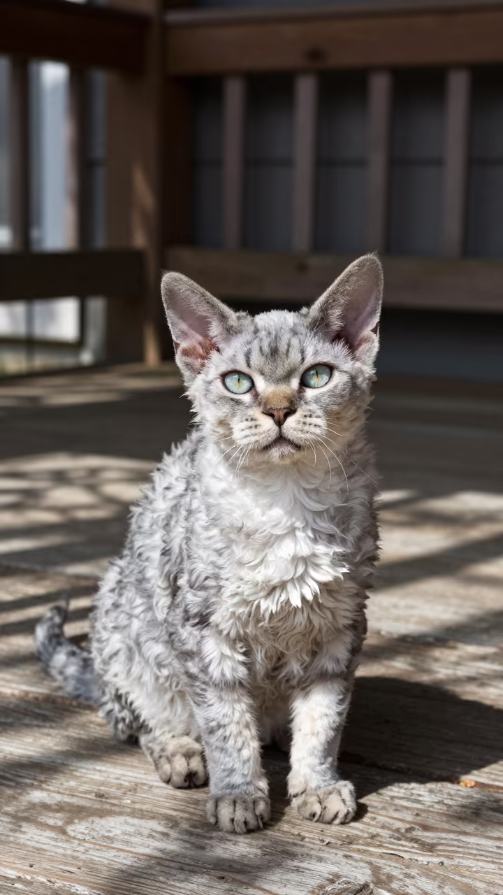 Autumn Portrait of Devon Rex Cat on Shaded Porch in on a shaded front porch with boards, railings, and eye-level framing in Toledo