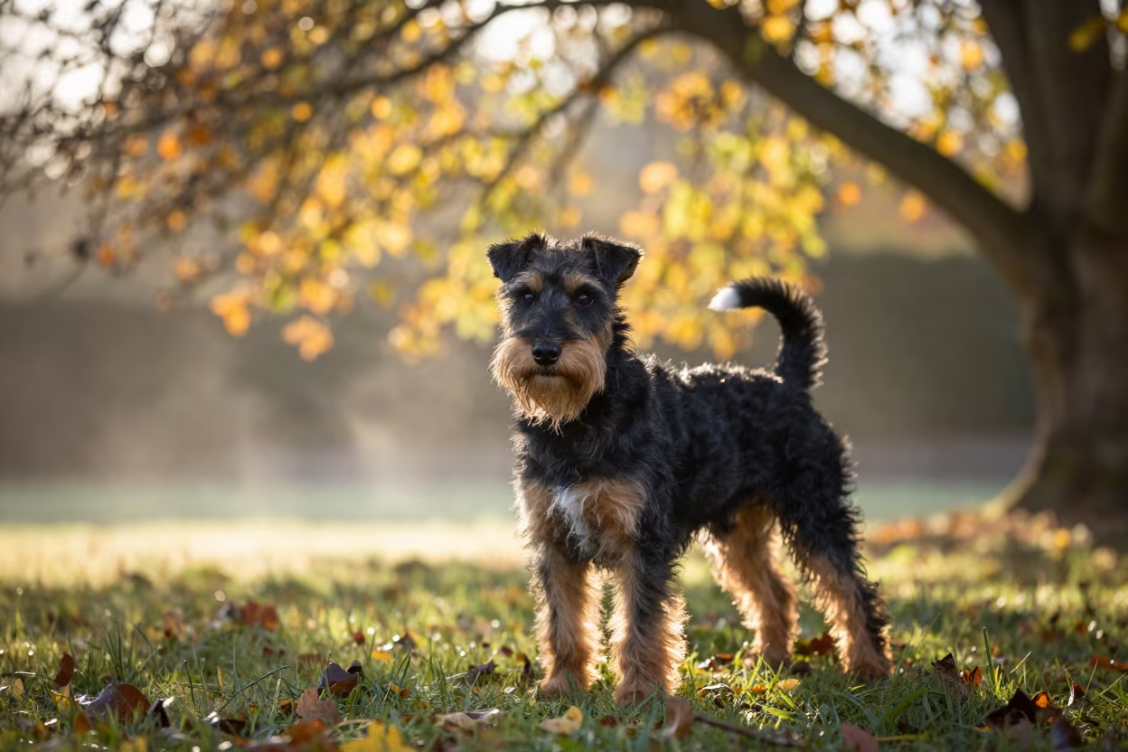 Autumn Portrait of Manchester Terrier in Dappled Light in near a garden edge with soft morning light and an uncluttered background near Chelmsford