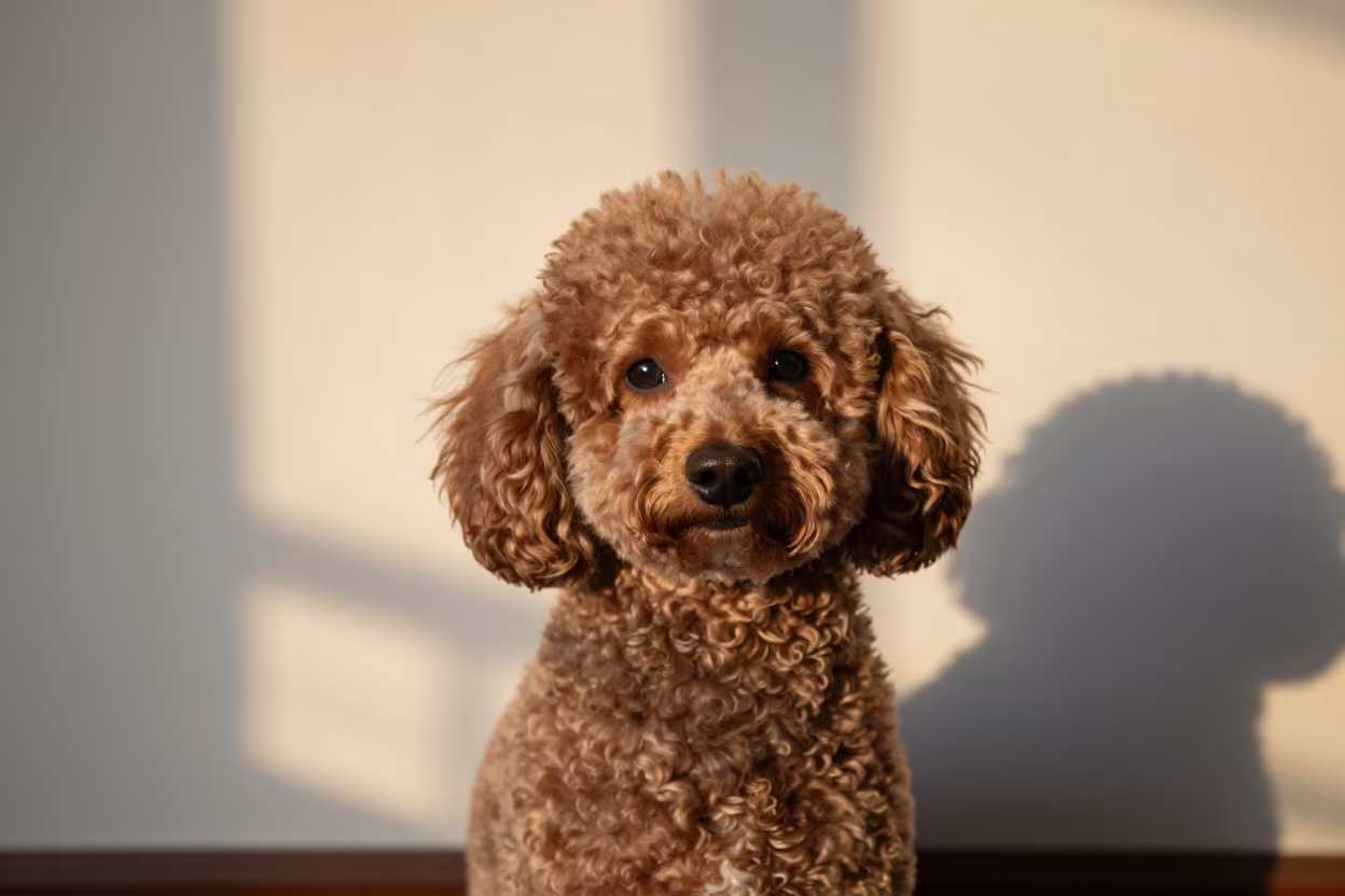 Autumn Portrait of Poodle Beside Plaster Wall in beside a plain plaster wall in soft indoor light with the animal centered in frame near Khenchela