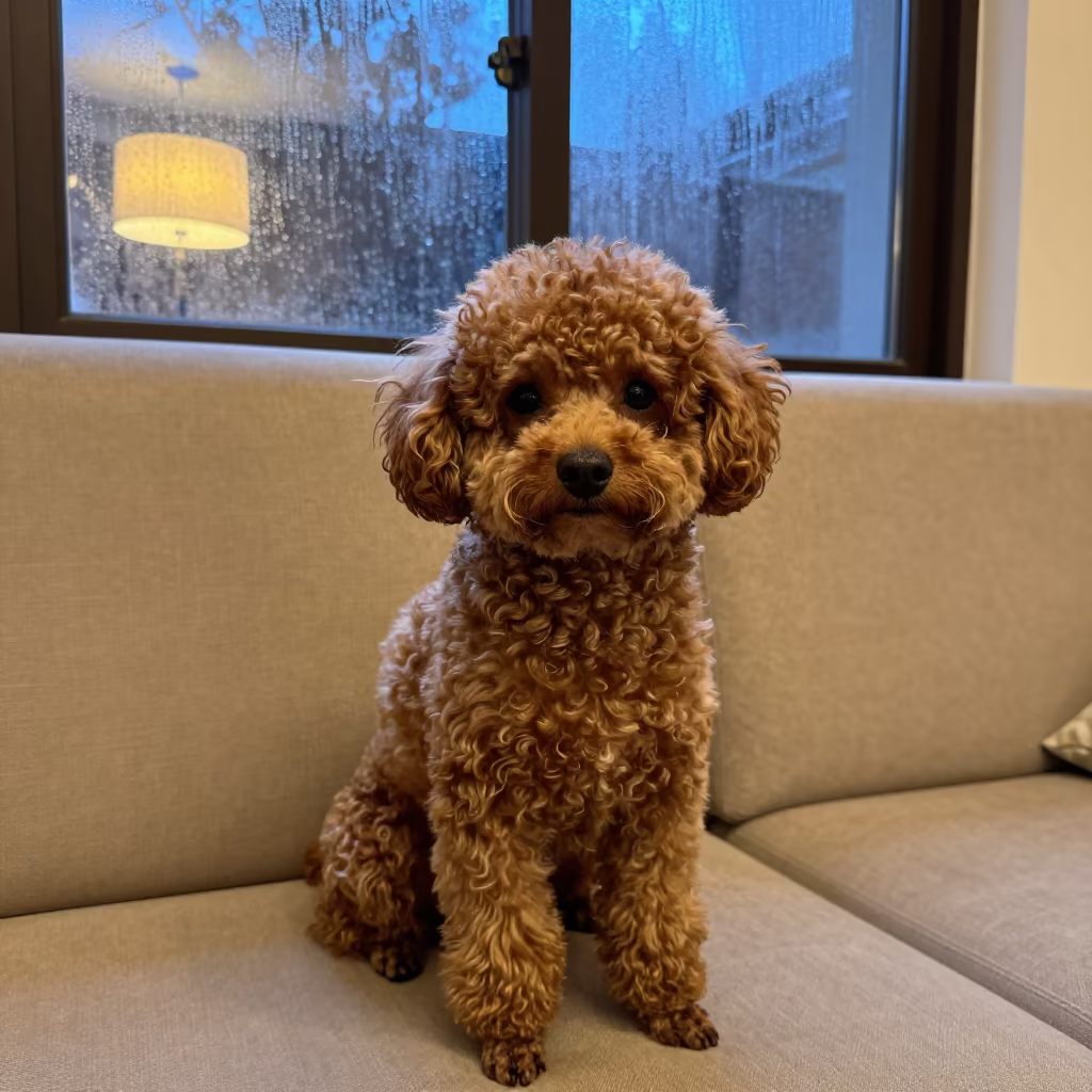 Autumn Portrait of Teacup Poodle on Sofa in on a sofa near a curtained window with calm indoor light near Faisalabad